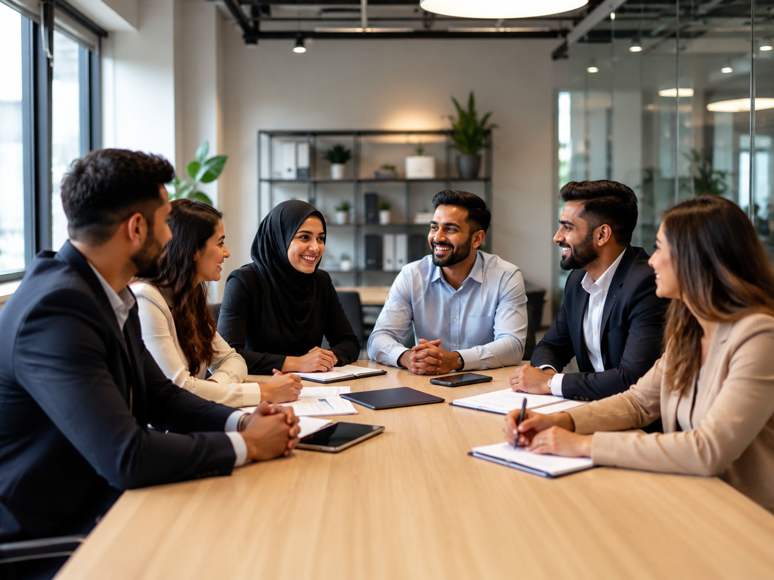 A diverse group of professionals collaborating and shaking hands at a meeting