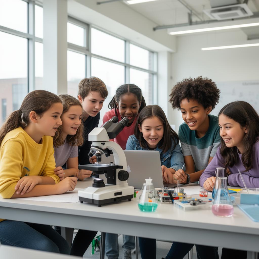 Diverse students collaborating on a STEM science project with a microscope and laptop